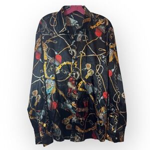 ZEROUAA Women's XL Button Down Chain Print Long Sleeve Shirt Black Gold‎